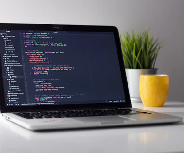 Coding workspace with laptop